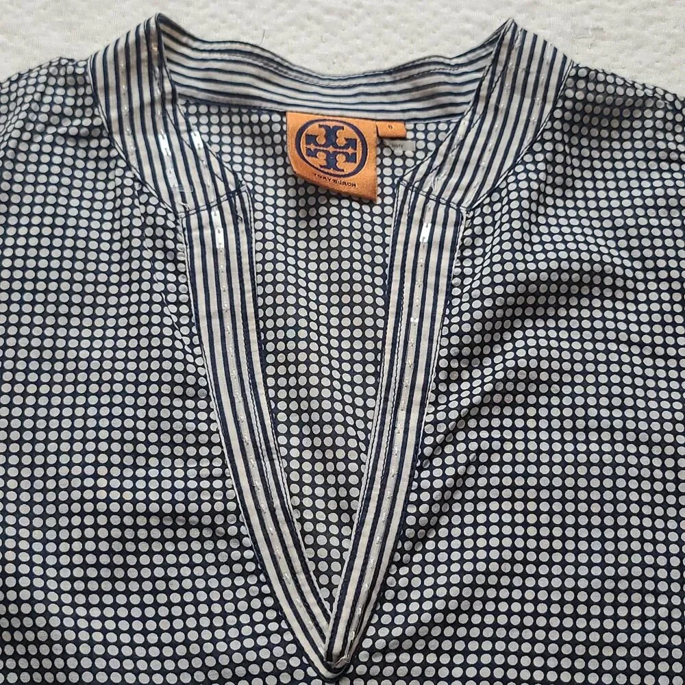 Tory Burch Top Tunic Navy White Sequin Split Neck Polka Dot Long Sleeve Size 8